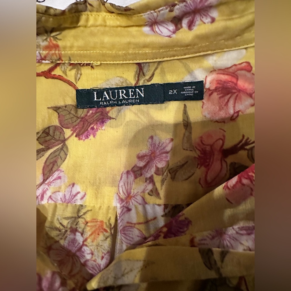 Lauren Ralph Lauren Yellow Floral Button Down Shirt 2X Cotton Blend Blouse - Picture 5 of 8